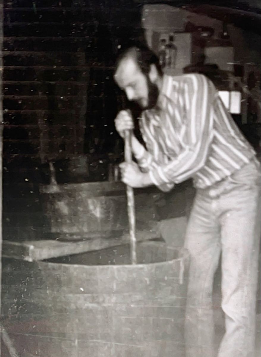 Young Edo Orsag at the barrel, black-and-white photograph