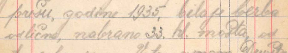 Handwritten notebook lines: godine 1935. bila je berba odlična, nabrano 33 hl mošta